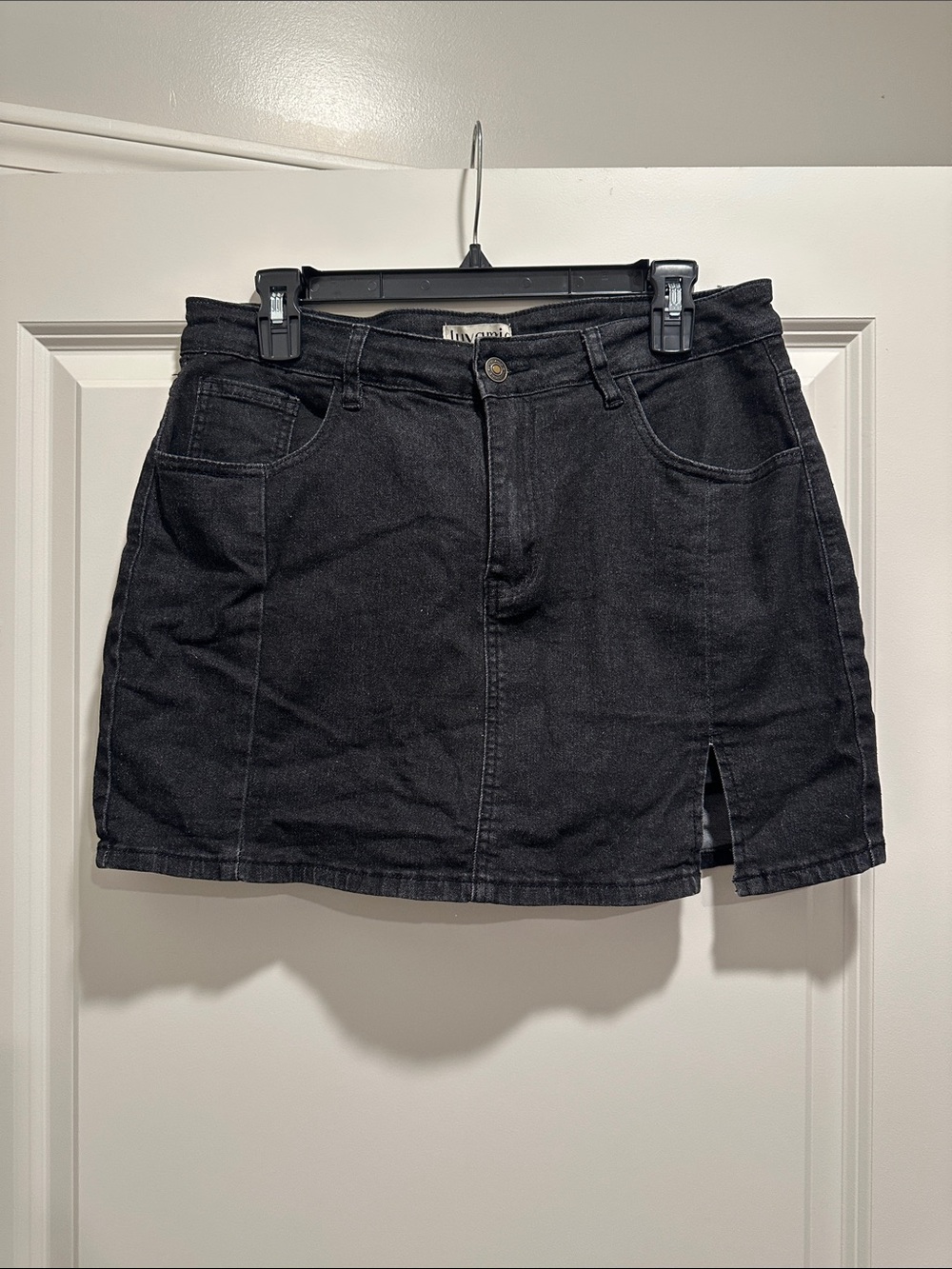 Black Denim Mini Skirt with Front Notch
